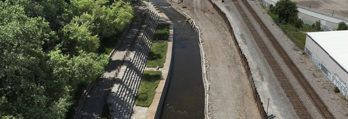 drone image of western milwaukee river restoration