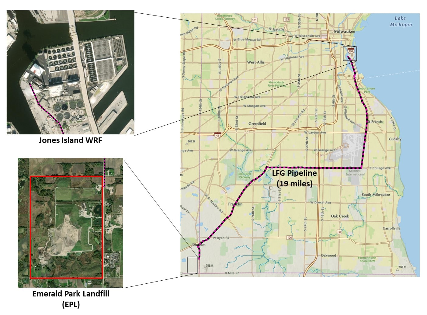 A map showing MMSD's landfill gas pipeline route