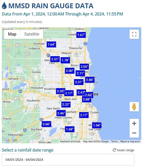 Milwaukee area rain gauges showing total rainfall for April 1 to 4, 2024.