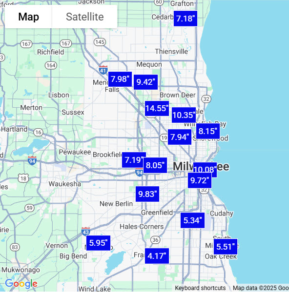 MMSD Greater Milwaukee rain gauage data from August 9 to 12, 2025