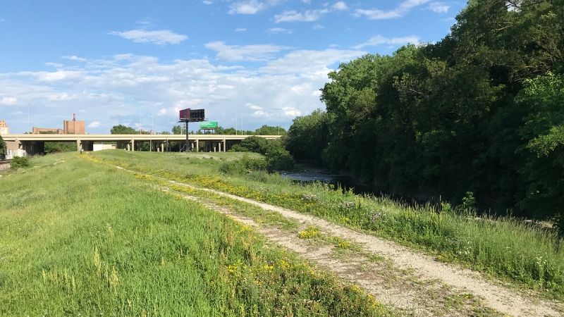 grassy road above an earthen levee