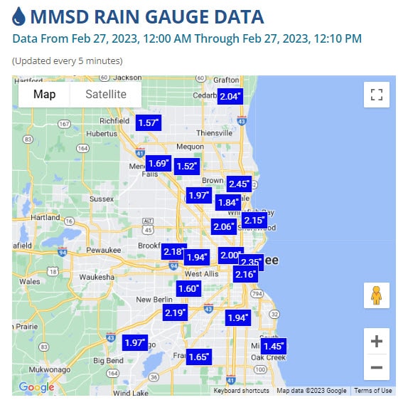 MMSD rain gauge February 27, 2023 showing the amount of rain in the Greater Milwaukee area in the last 12 hours.