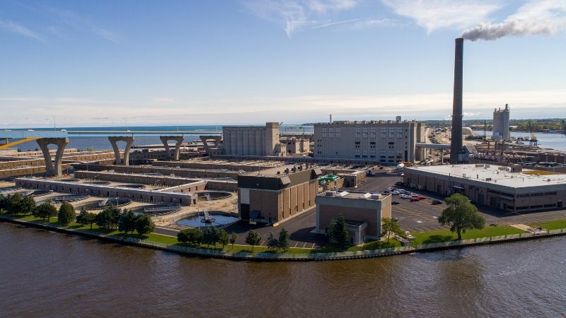 drone shot of jones island wastewater treatment plant