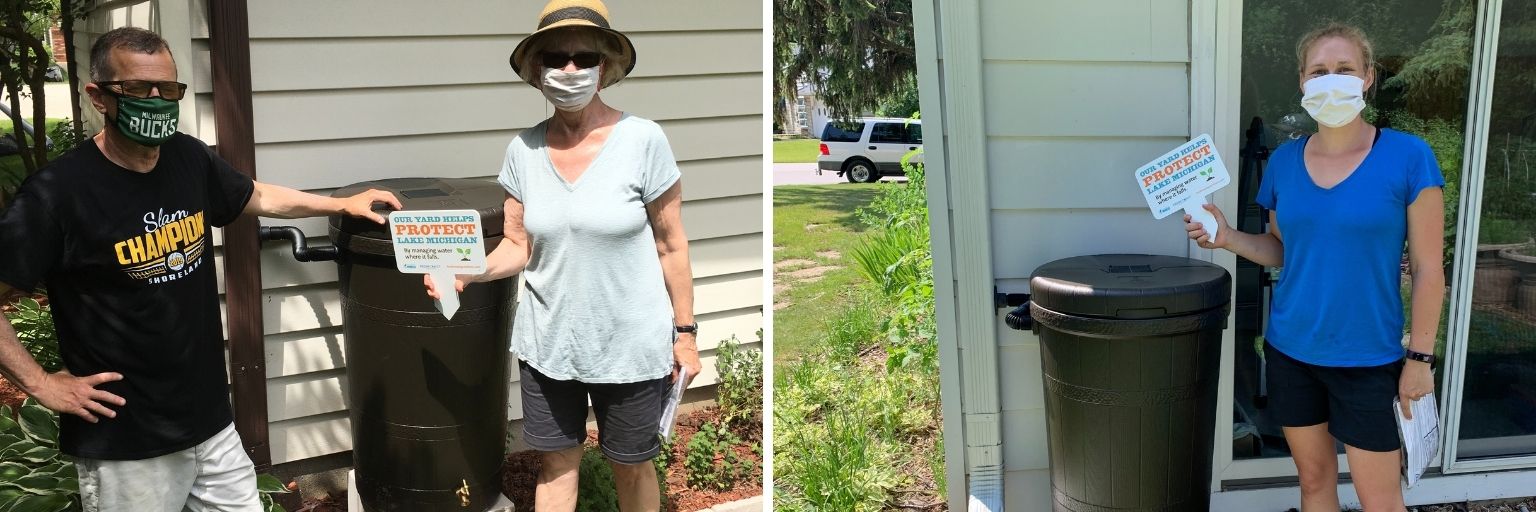 families standing by rain barrels outside house