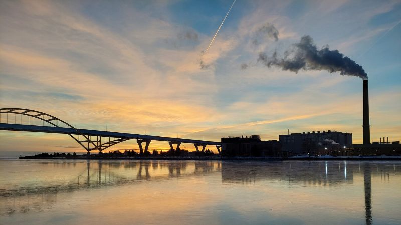 View of Lake Michigan, Hoan Bridge, and the Jones Island Smokestack