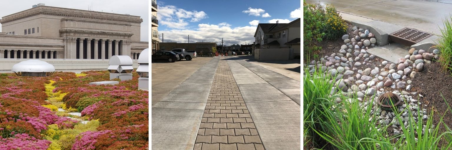 Examples of a Bioswale, Porous Pavement, and Green Roof