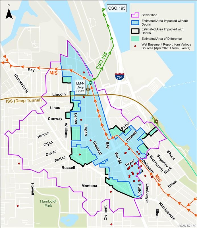 Map of MMSD overflow pipe CSO195 debris imapct from the April 2026 storms
