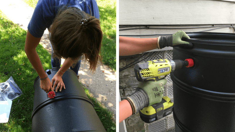 Drilling the black MMSD rain barrel