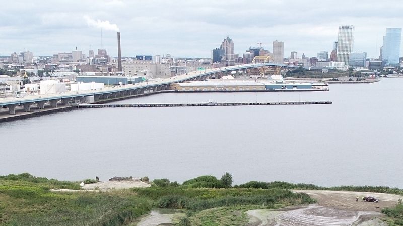 downtown milwaukee lake michigan and hoan bridge 