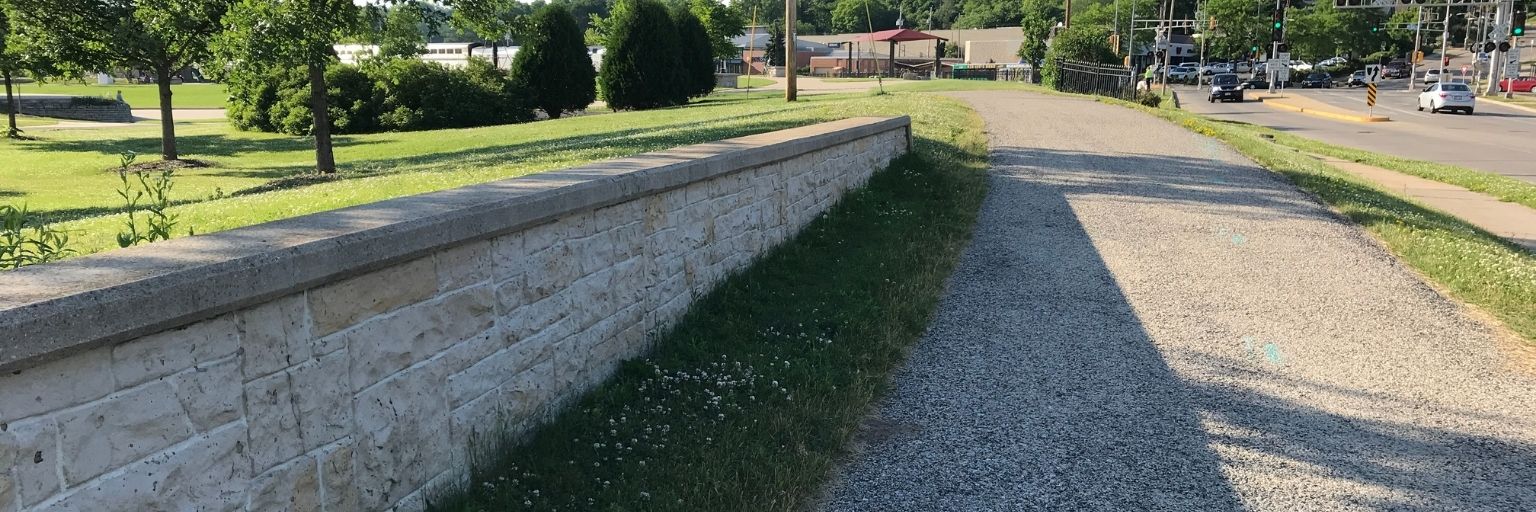 levee wall and green grass by sidewalk