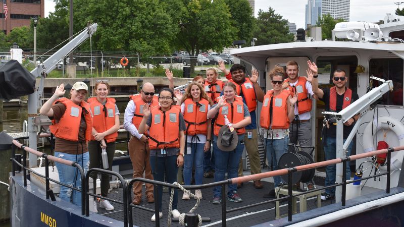 Interns on a tour on MMSD's research vessel, the Pelagos.