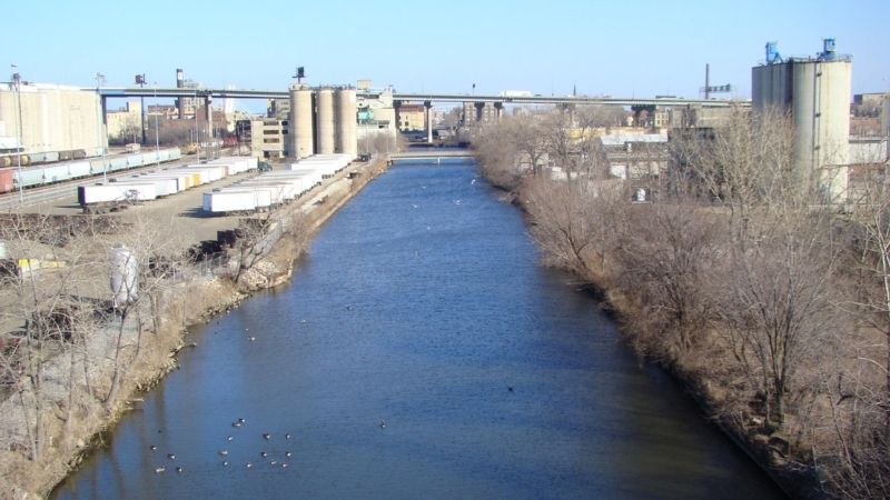 aerial view of burnham canal milwaukee