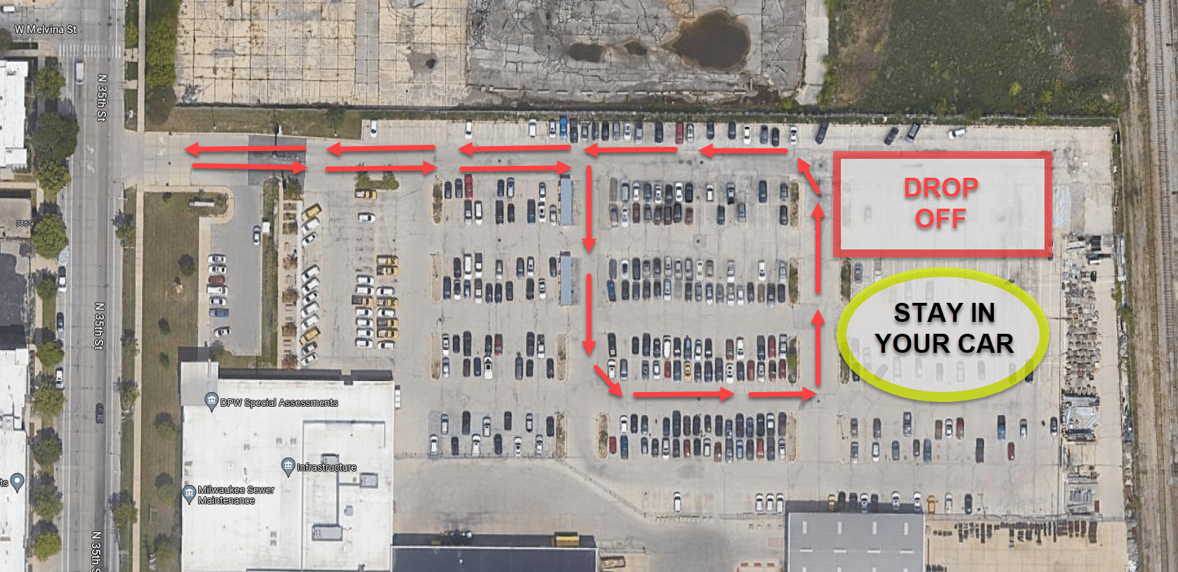 Map of Milwaukee DPW Parking lot for the Household hazardous waste drop off event on October 14, 2023