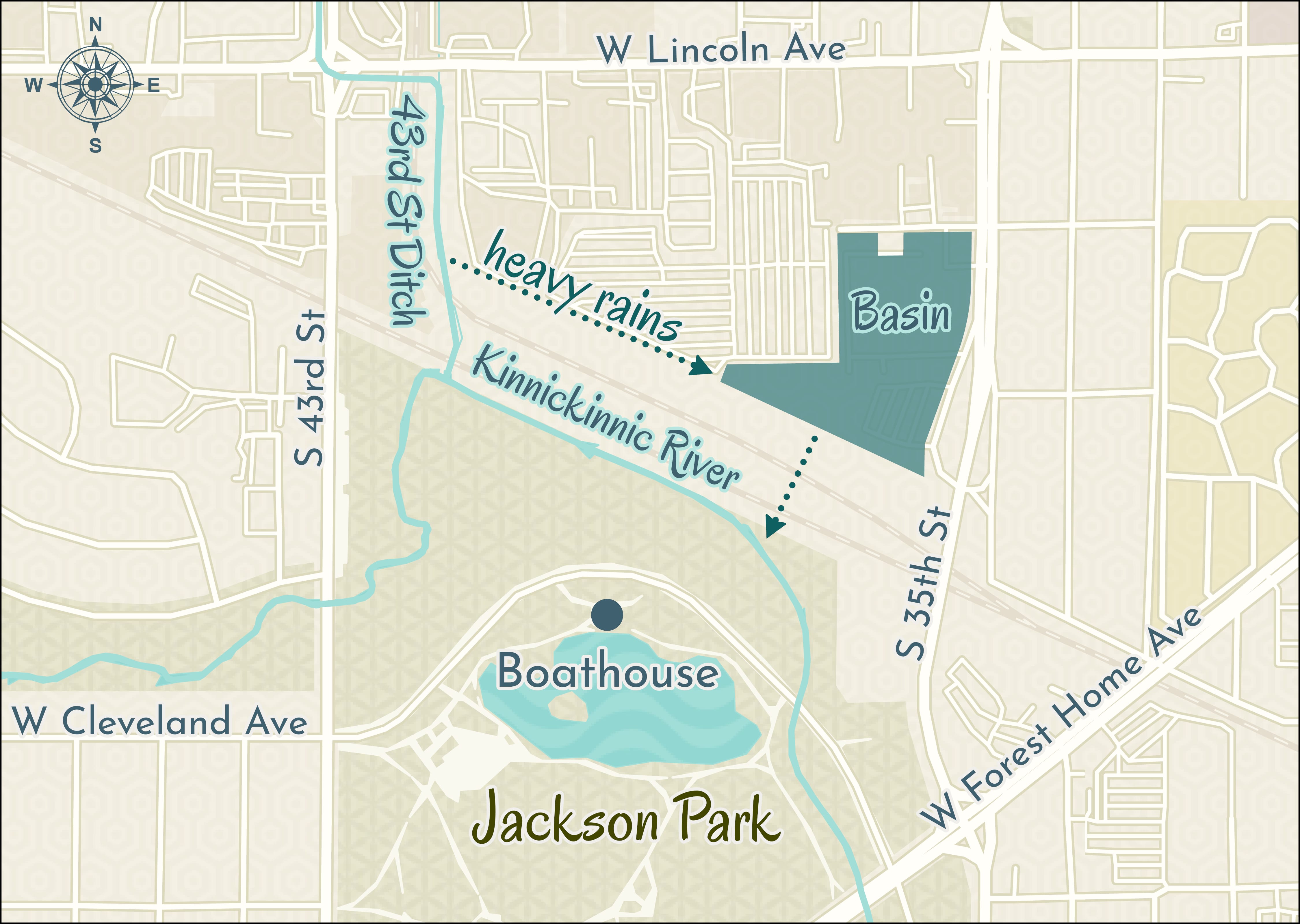 aerial map of jackson park and 43rd street ditch