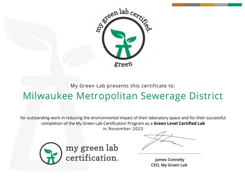 MMSD's Central Lab My Green Lab Certificate