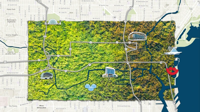 aerial of downtown milwaukee and forest