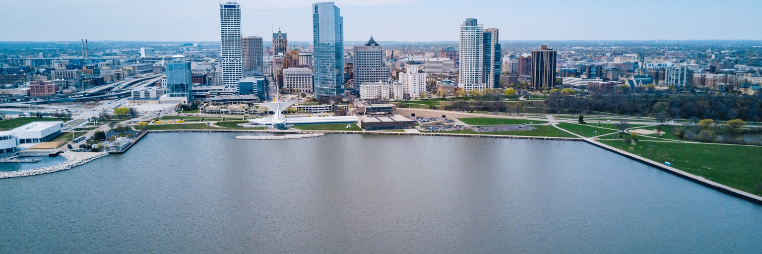 View of Lake Michigan and Milwaukee's skyline over blue water