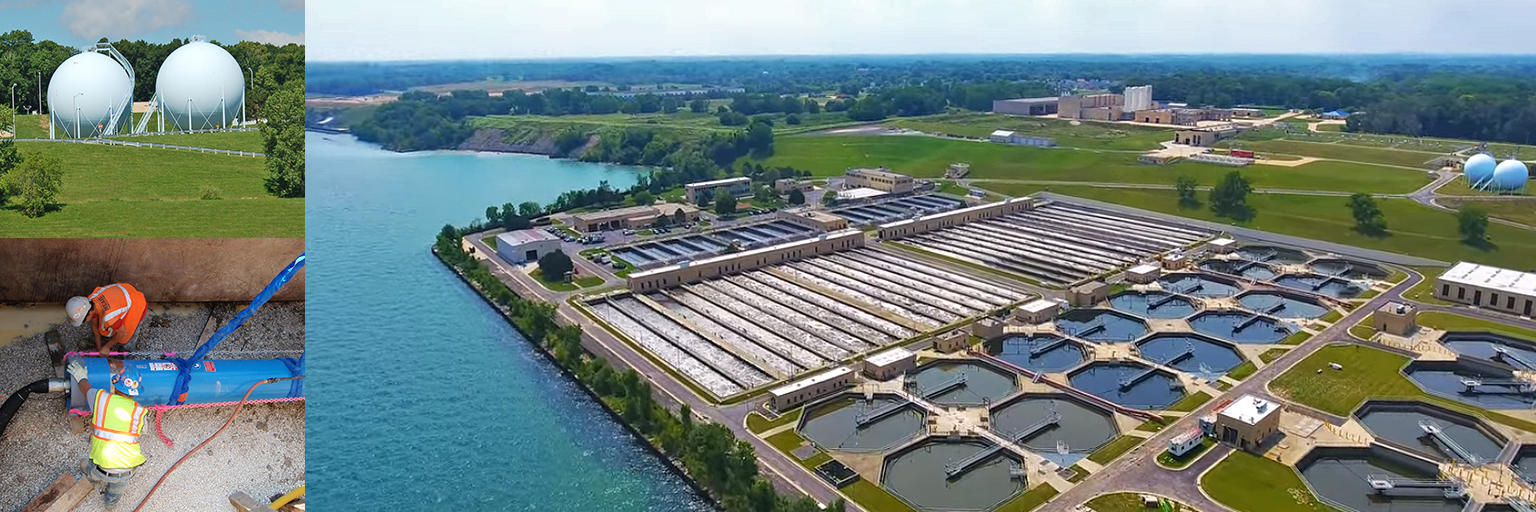 MMSD South shore facility, methane digestors and workers on the landfill gas pipeline