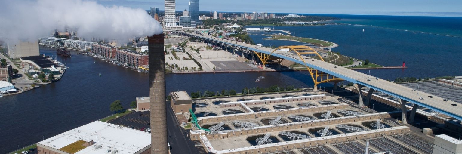 drone image of jones island wastewater treatment plant