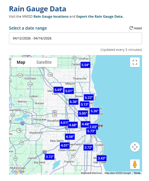 Rainfall in Greater Milwaukee, WI from April 12 to April 16, 2026