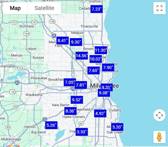 MMSD Greater Milwaukee rain gauage data from August 9 to 11, 2025