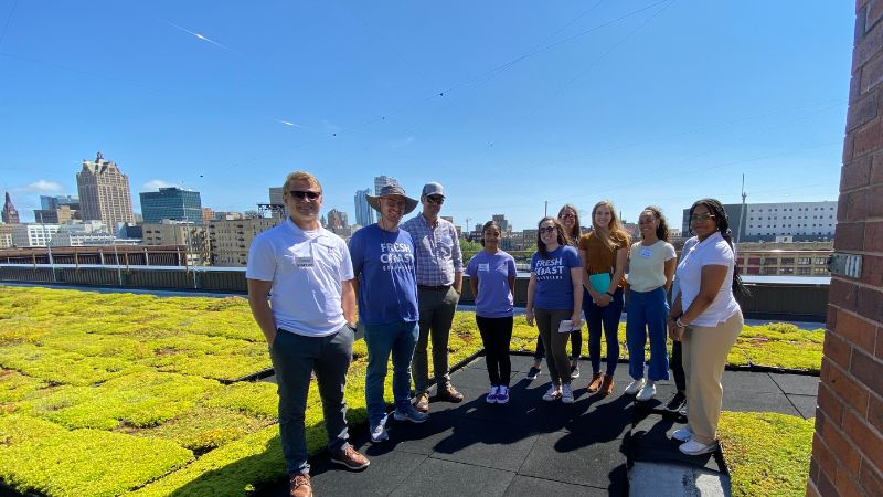 Interns taking a Green Infrastructure tour on MMSD's green roof. 