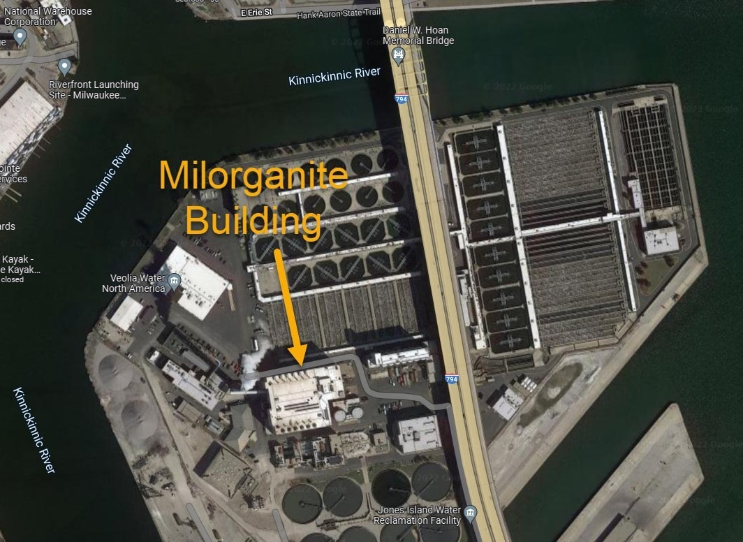 Aerial map of Jones Island water reclamation facility and the Milorganite building