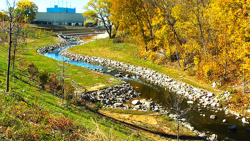 The Kinnickinnic River from the I-94 bridge looking west towards 6th Street.