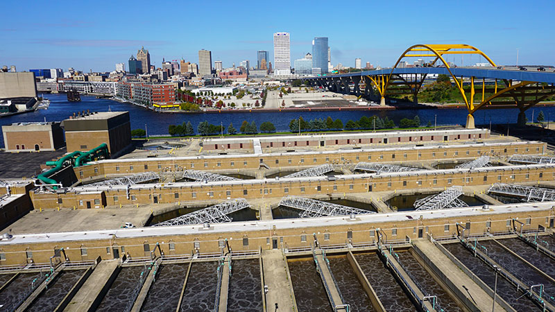 wastewater treatment plant view by hoan bridge in downtown Milwaukee