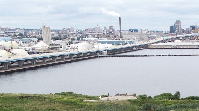 lake michigan and jones island under hoan bridge